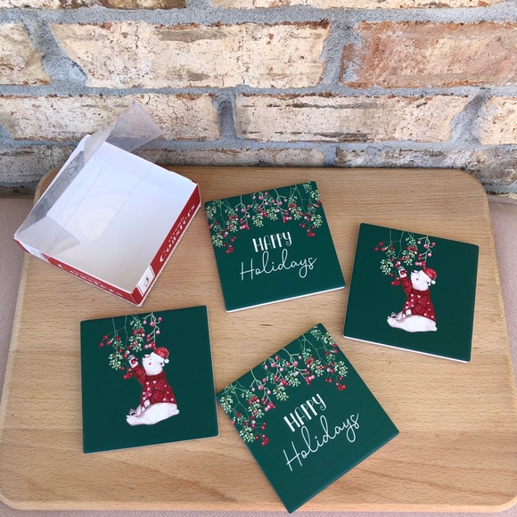 Christmas Happy Holidays Box of 4 Pc. Green Red Holidays Ceramic Coasters - Picture 5 of 15